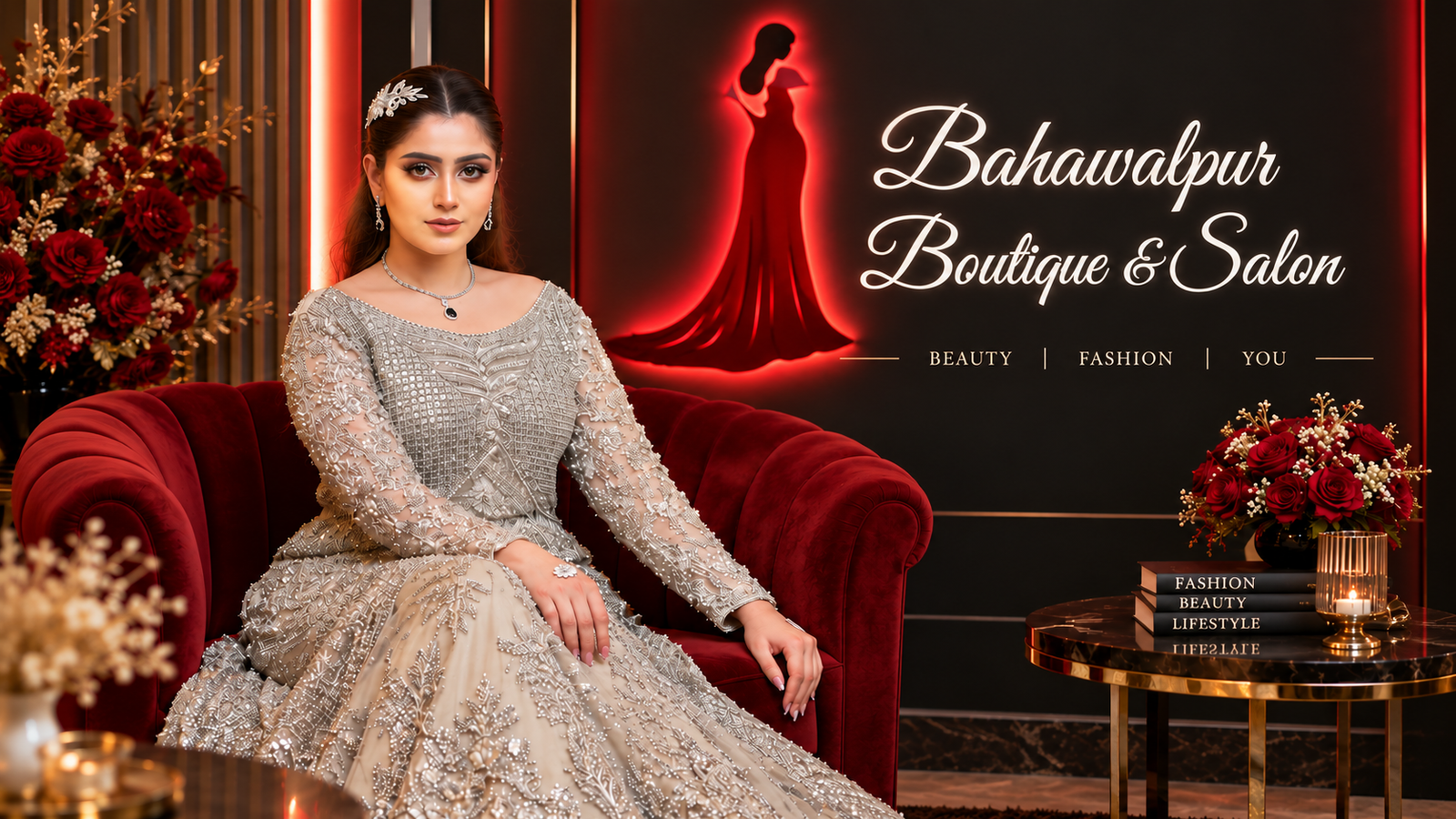 Bridal and Party Wear Dresses on Rent in Bahawalpur — silver and grey party wear gown on a red velvet sofa